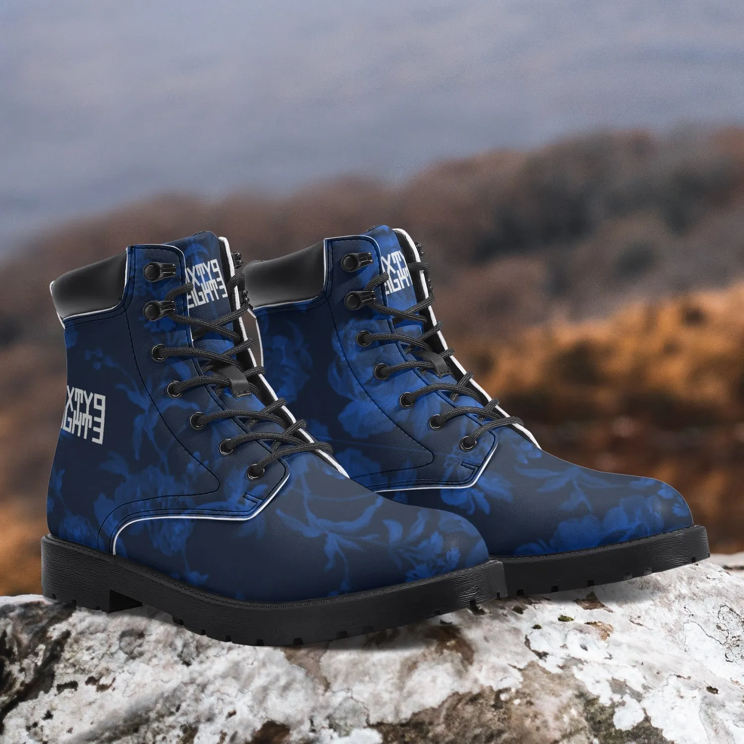 Sixty Eight 93 Logo White Floral Blue & Black Leather Boots