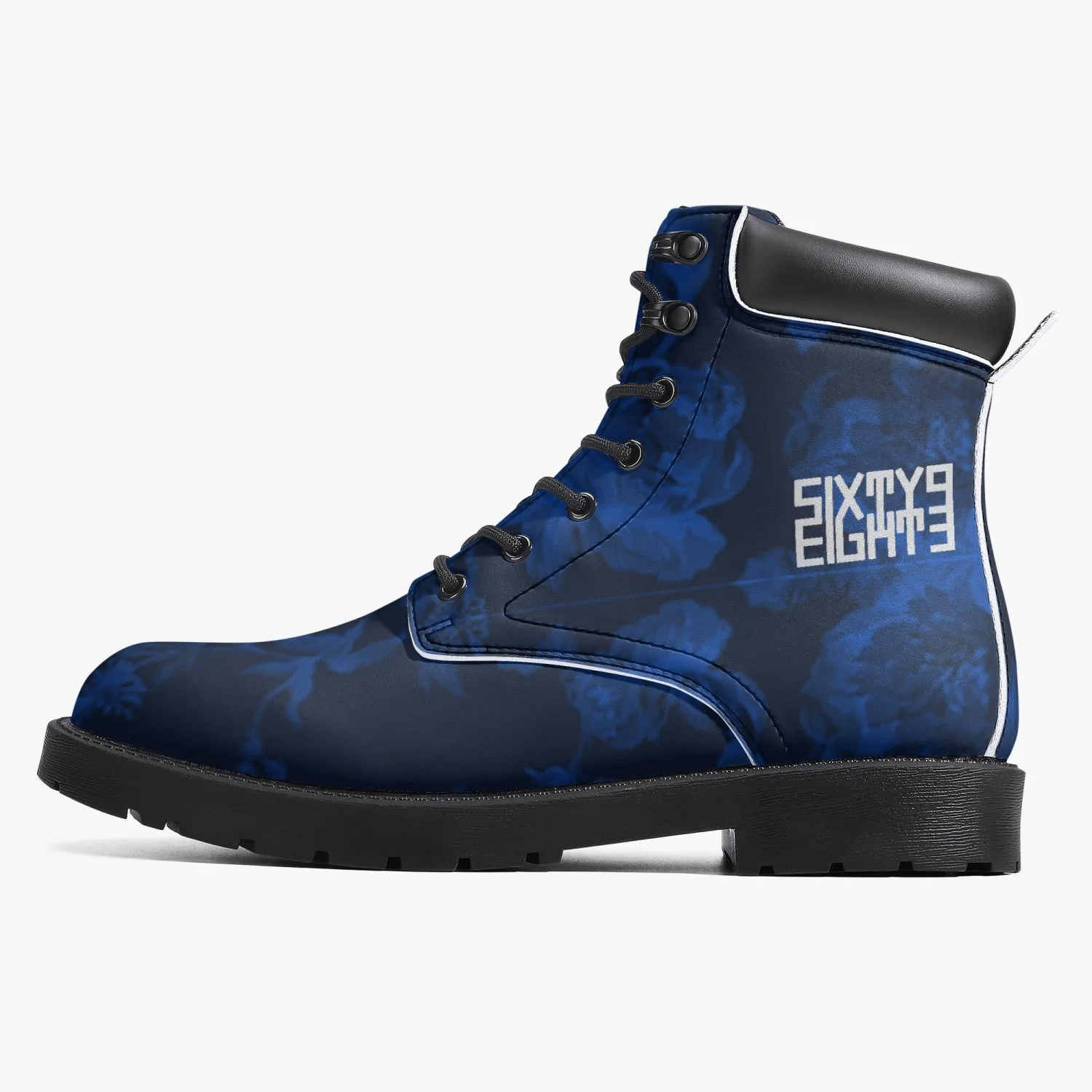 Sixty Eight 93 Logo White Floral Blue & Black Leather Boots