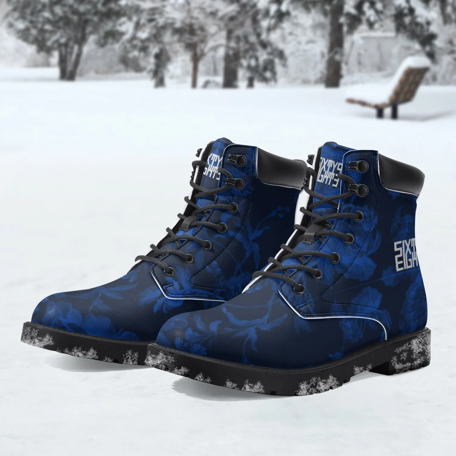 Sixty Eight 93 Logo White Floral Blue & Black Leather Boots