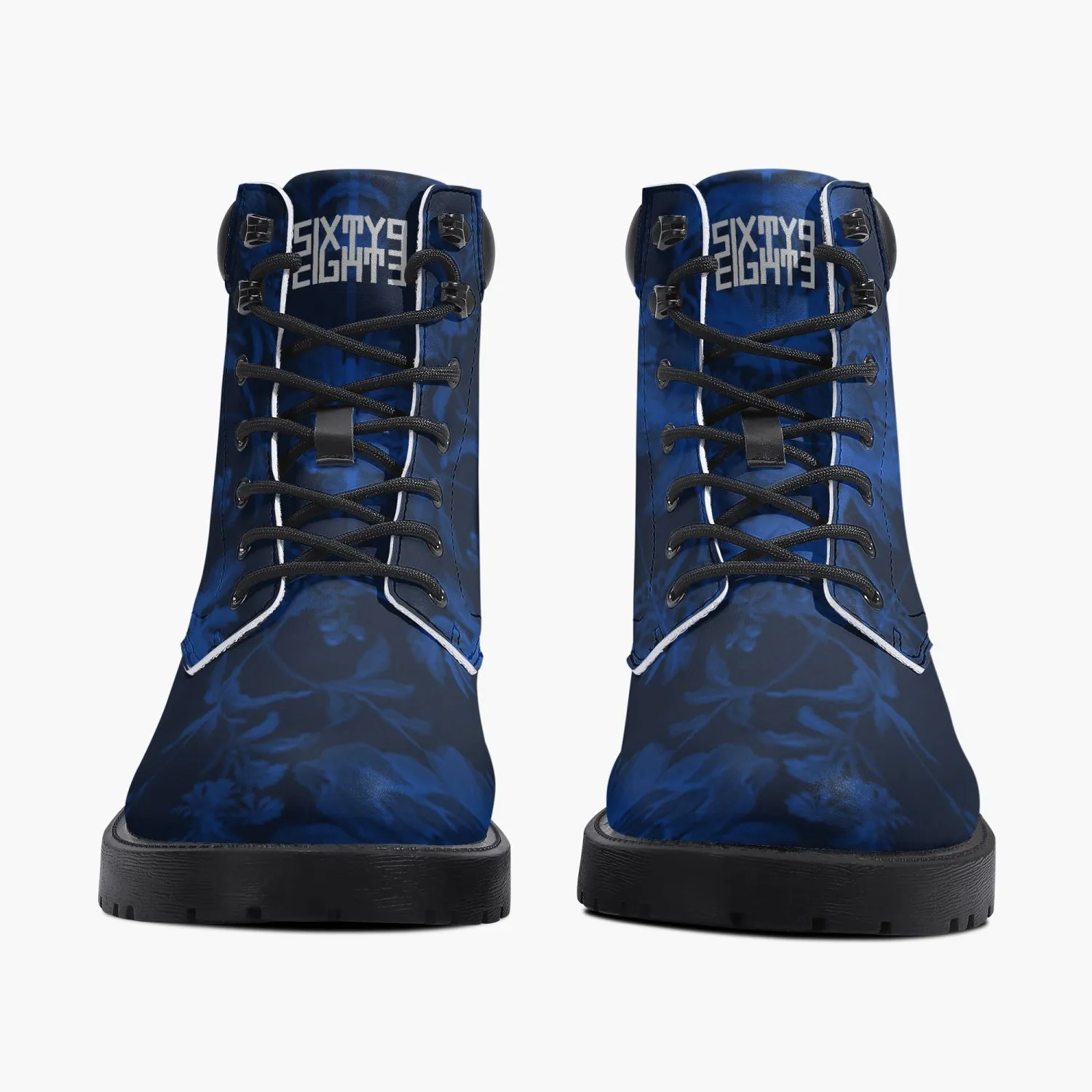 Sixty Eight 93 Logo White Floral Blue & Black Leather Boots