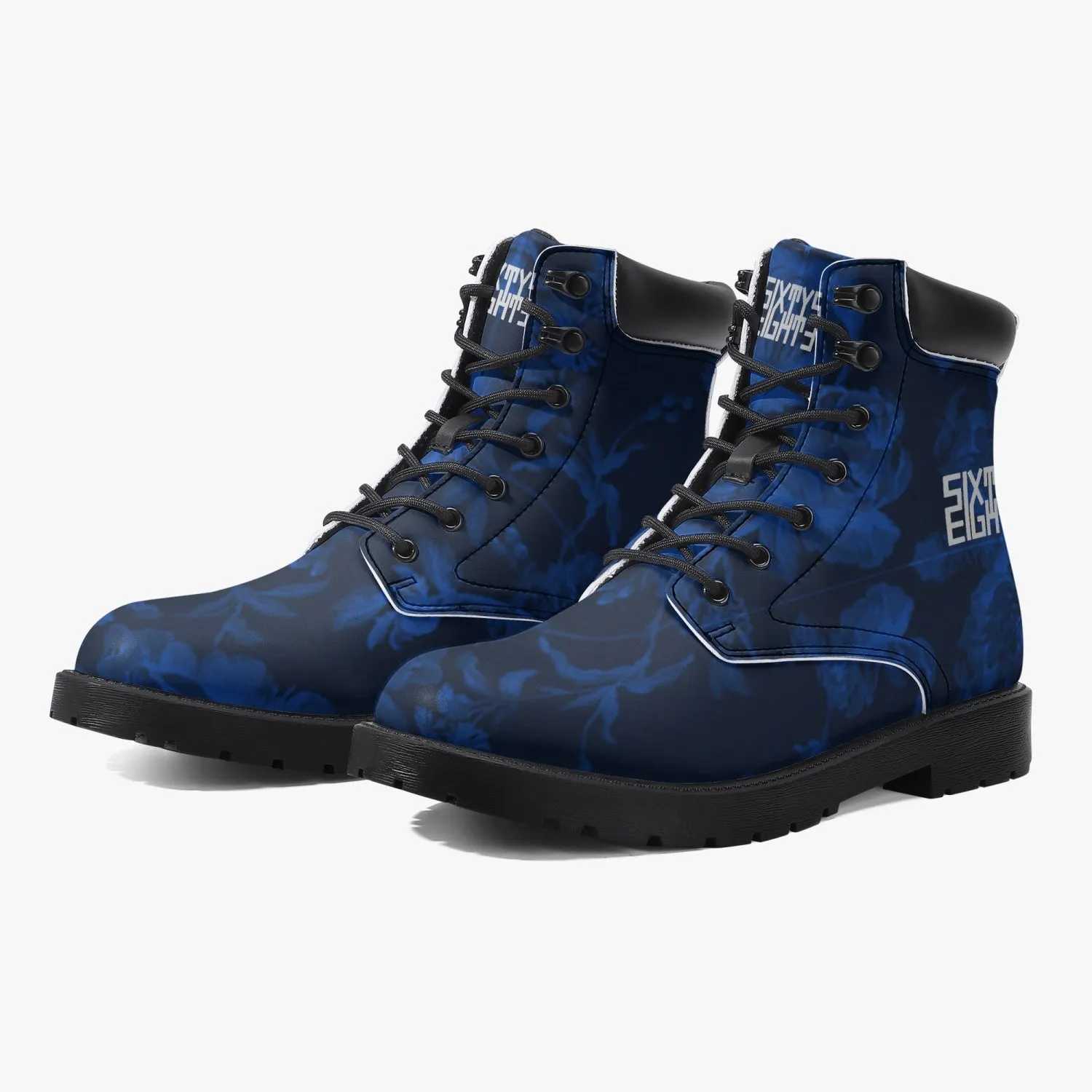 Sixty Eight 93 Logo White Floral Blue & Black Leather Boots