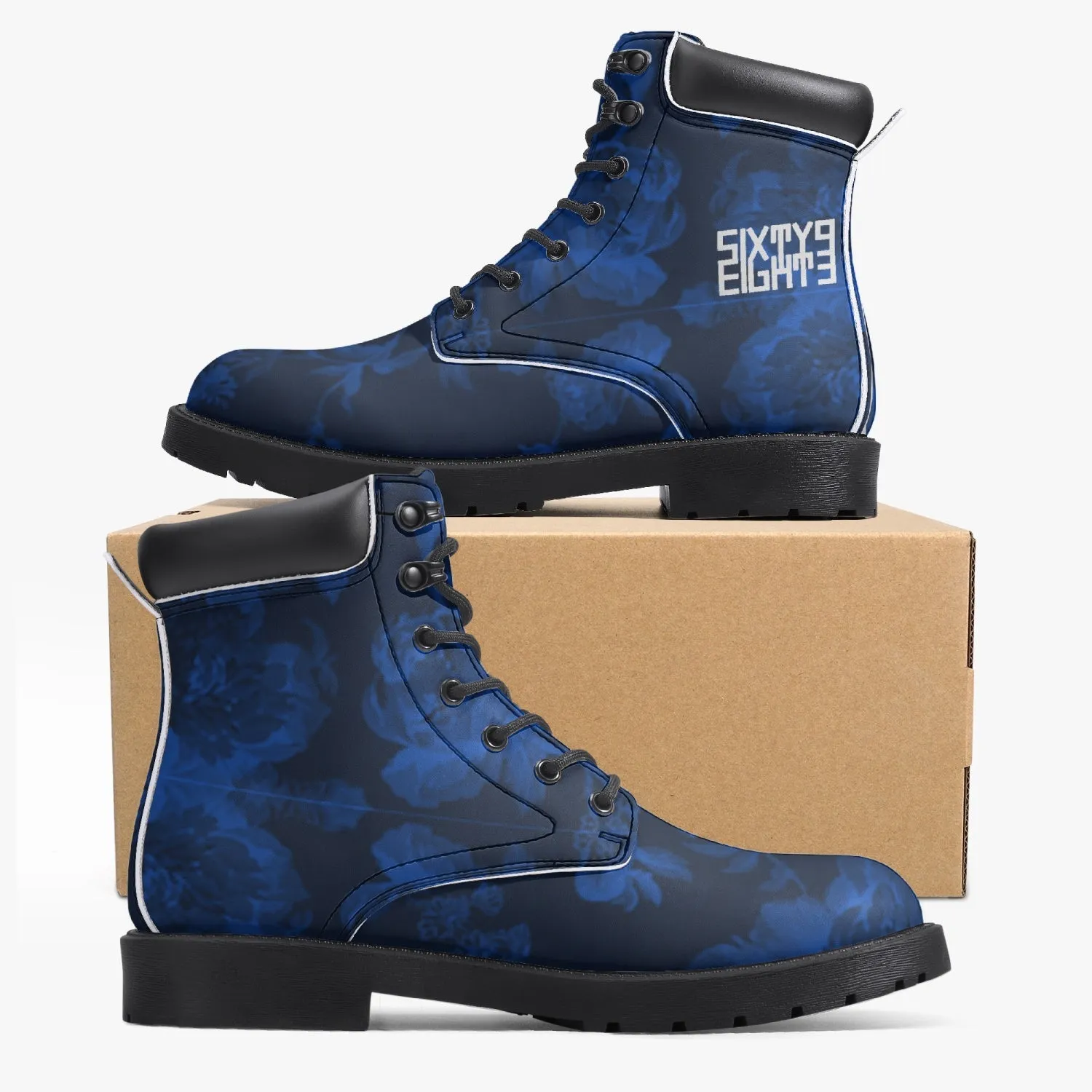 Sixty Eight 93 Logo White Floral Blue & Black Leather Boots