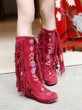 Spring and Autumn Women s Boots New Fashion Ethnic Fashion Casual Fringed Boots with flat-bottomed boots