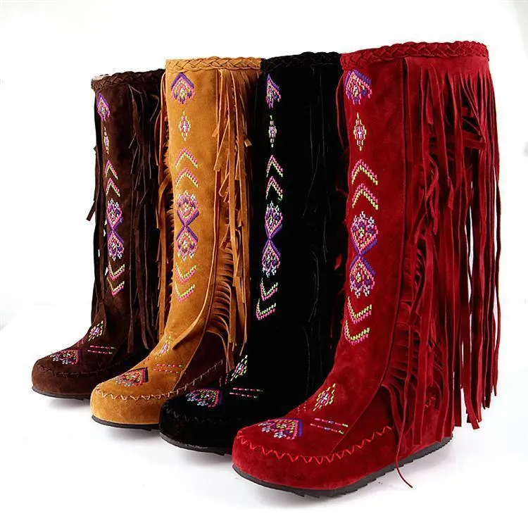 Spring and Autumn Women s Boots New Fashion Ethnic Fashion Casual Fringed Boots with flat-bottomed boots