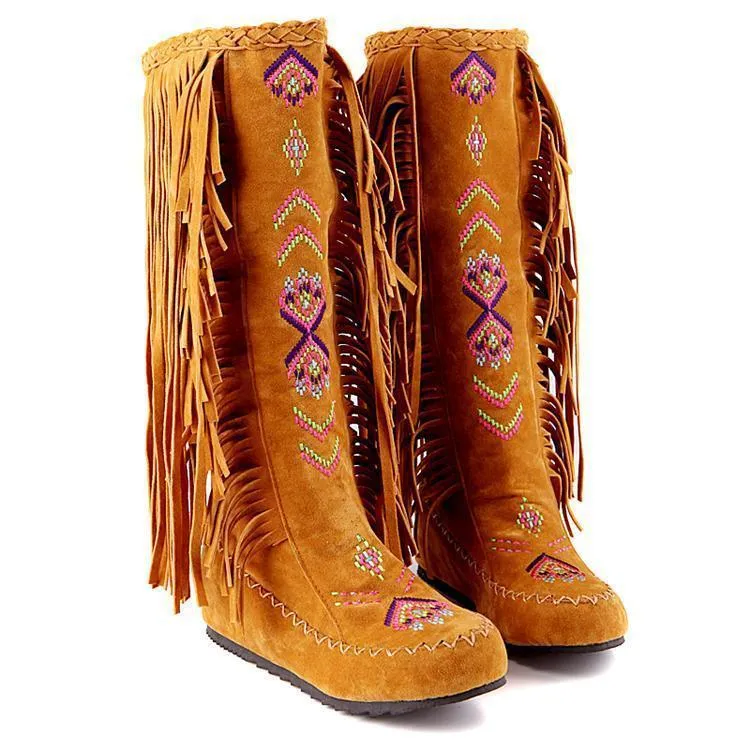 Spring and Autumn Women s Boots New Fashion Ethnic Fashion Casual Fringed Boots with flat-bottomed boots