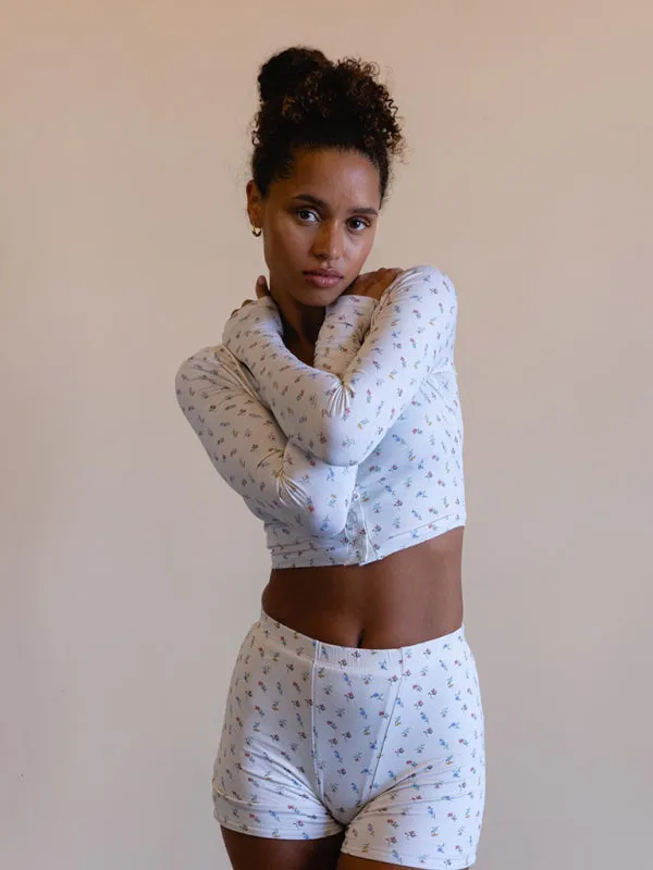 Spring Floral Print Fitted Cotton Blend Loungewear - Long Sleeve Crop Top & Shorts