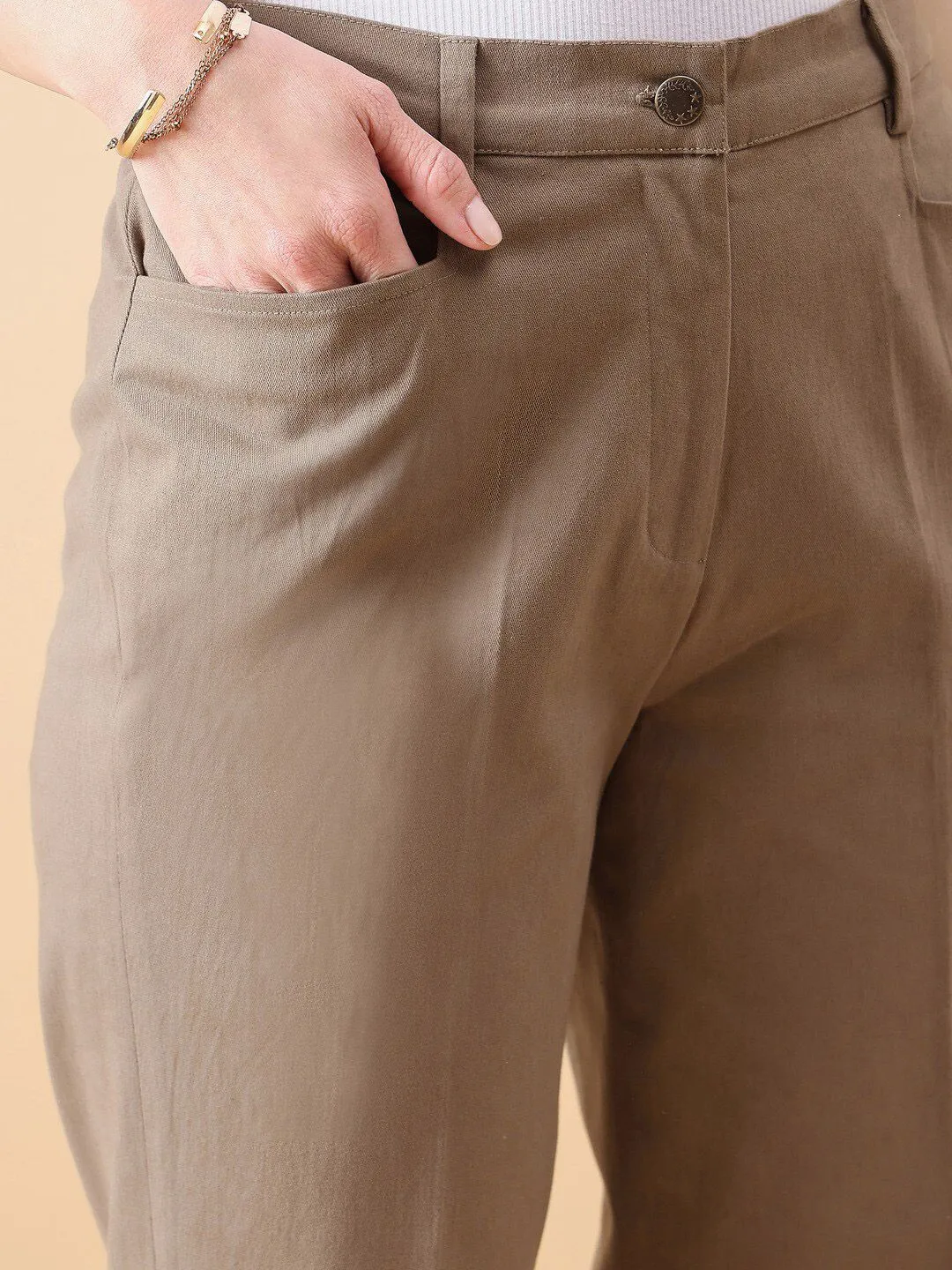 Stretch Mid Waist Straight Trouser - Slate Brown