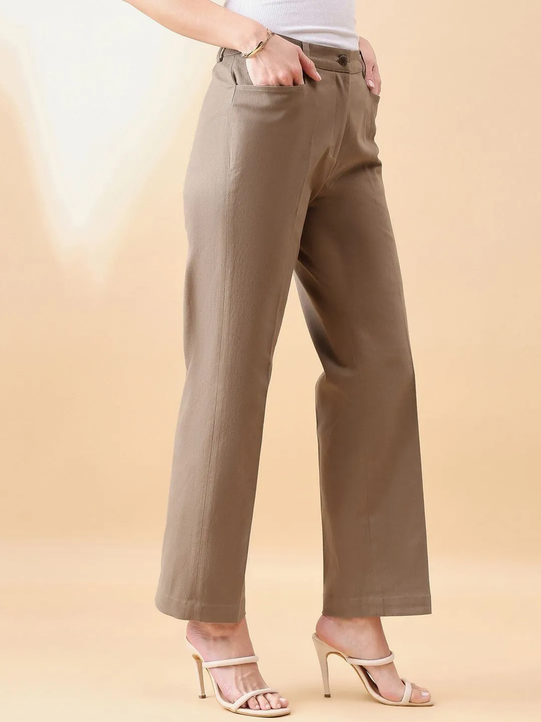 Stretch Mid Waist Straight Trouser - Slate Brown