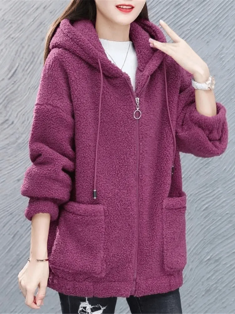 Stylish Loose Women's Fleece Jacket with Hood - SF1955