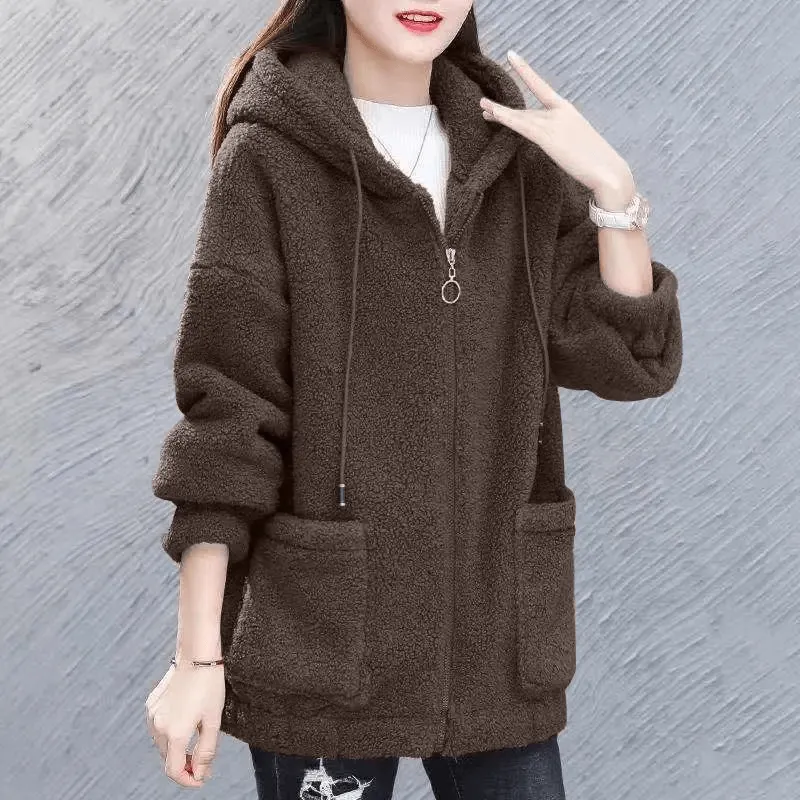 Stylish Loose Women's Fleece Jacket with Hood - SF1955