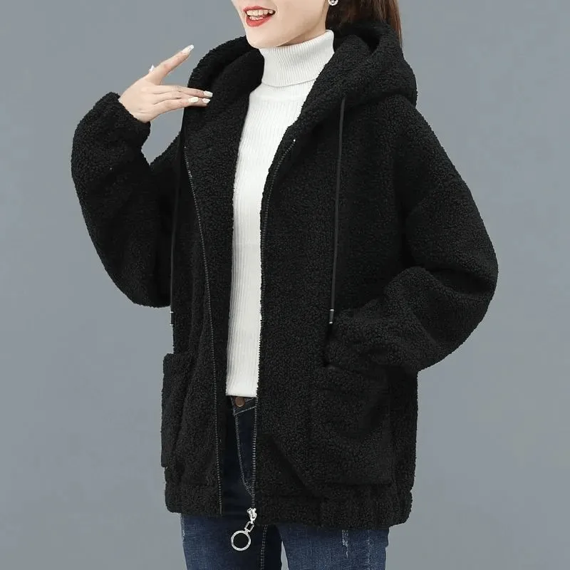 Stylish Loose Women's Fleece Jacket with Hood - SF1955