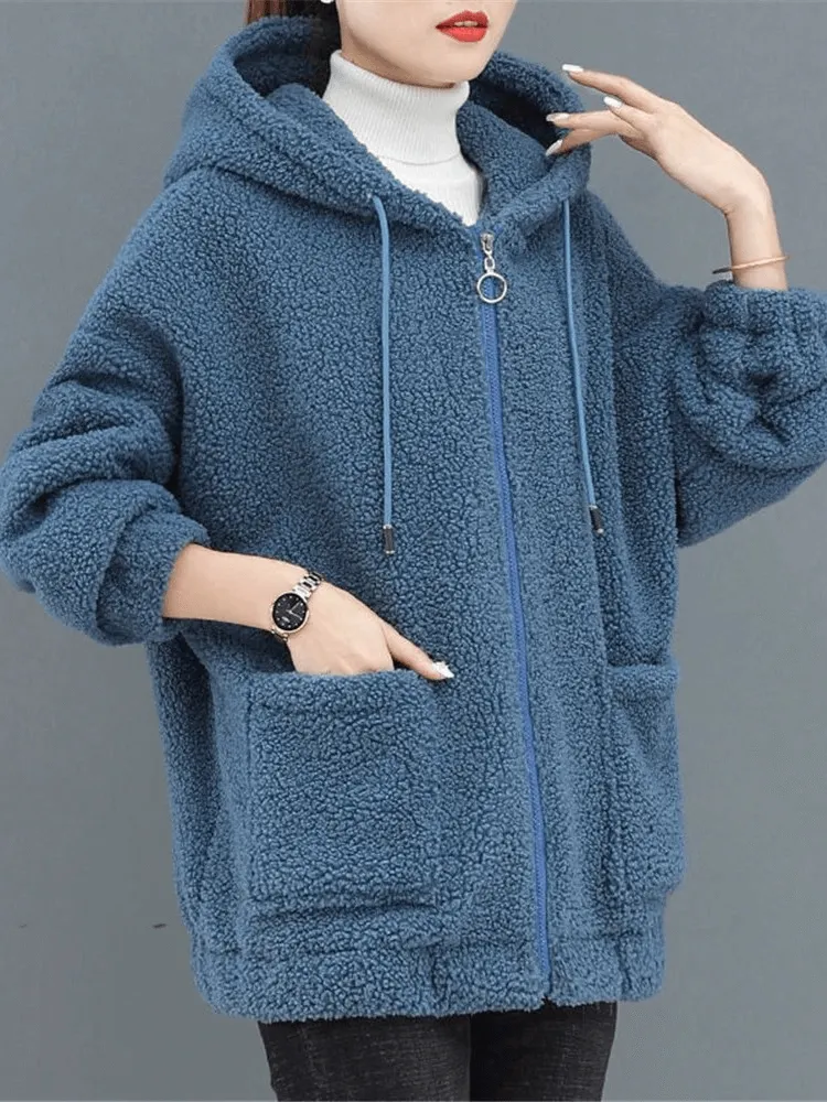 Stylish Loose Women's Fleece Jacket with Hood - SF1955