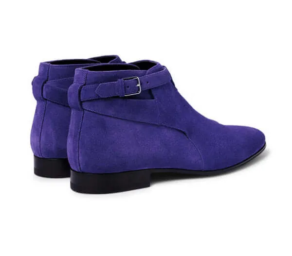 Stylish Men's Handmade Blue Color Suede Jodhpur Ankle High Buckle Dress Boots