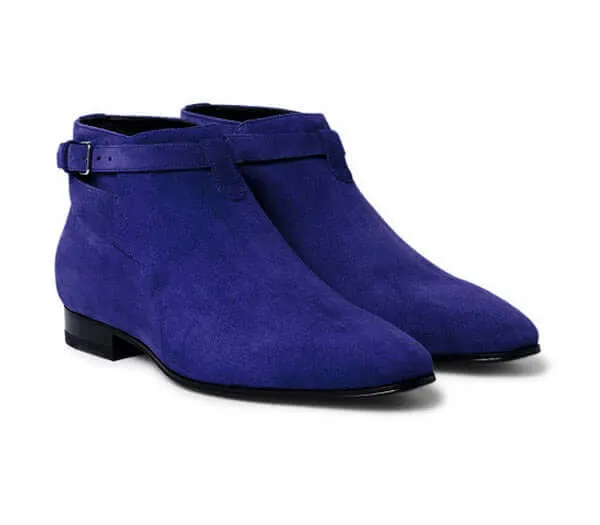 Stylish Men's Handmade Blue Color Suede Jodhpur Ankle High Buckle Dress Boots