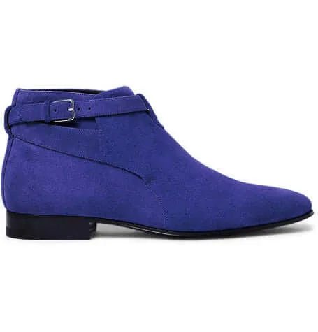 Stylish Men's Handmade Blue Color Suede Jodhpur Ankle High Buckle Dress Boots