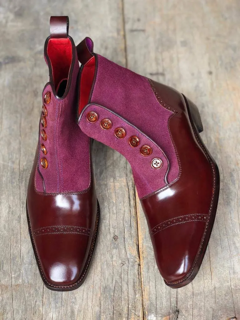 Stylish Men's Handmade Maroon & Purple Leather & Suede Boots, Men Casual Ankle High Boots