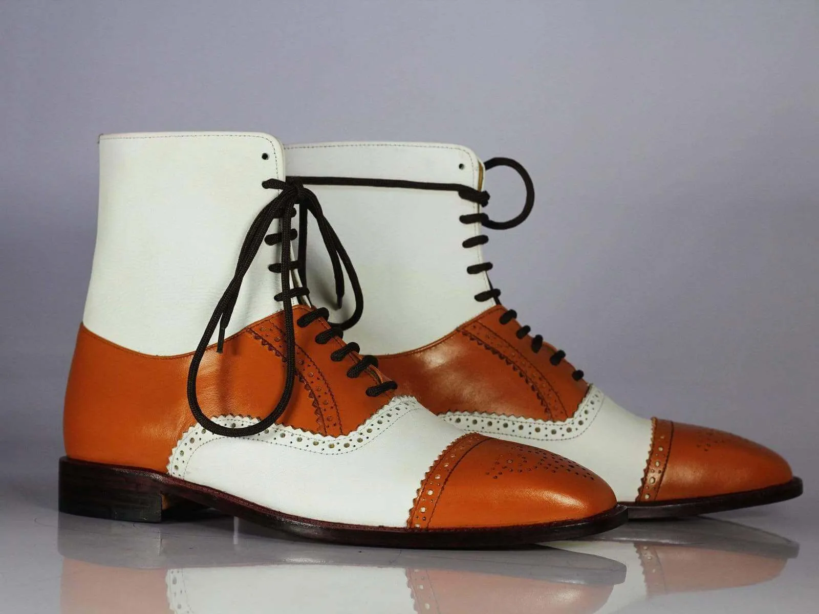 Stylish Men's Handmade Tan White Cap Toe Brogue Ankle Boots, Men Leather Designer Boots