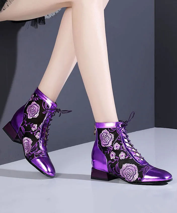 Stylish Purple Lace Up Breathable Mesh Splicing Chunky Boots RT1077