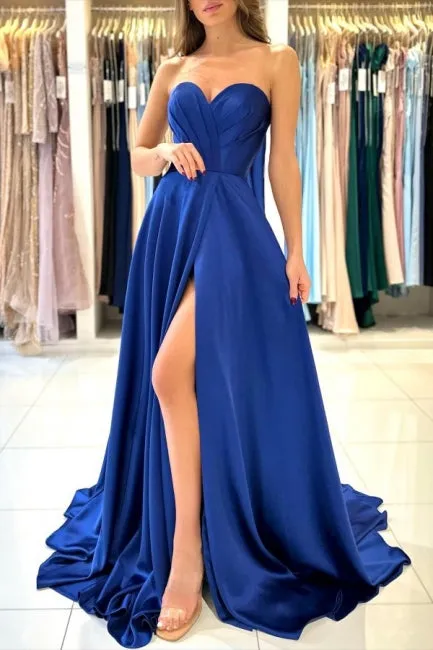 Sweetheart Simple Long Royal Blue Sleeveless Prom Dresses With Slit