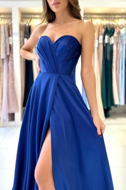 Sweetheart Simple Long Royal Blue Sleeveless Prom Dresses With Slit