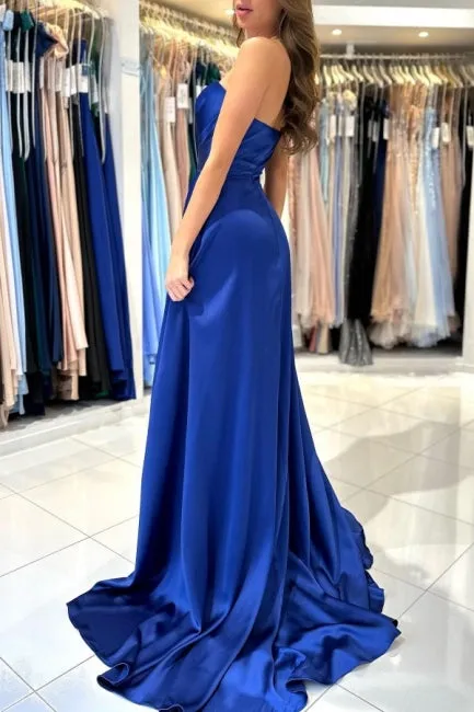 Sweetheart Simple Long Royal Blue Sleeveless Prom Dresses With Slit