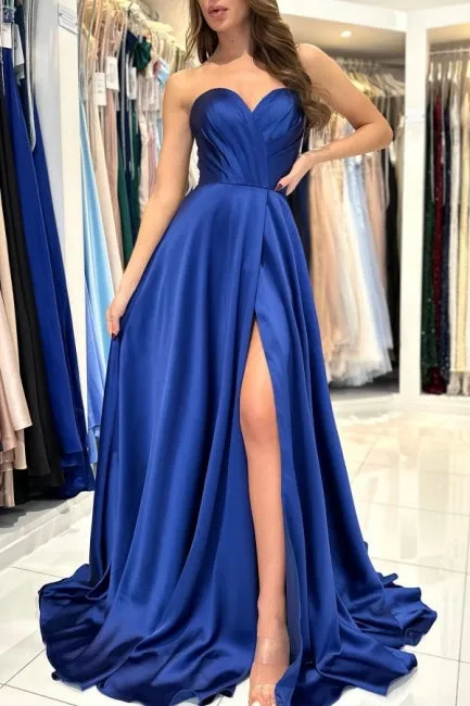 Sweetheart Simple Long Royal Blue Sleeveless Prom Dresses With Slit