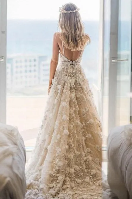 Timeless Backless Spaghetti Wedding Dress with Beaded Appliques