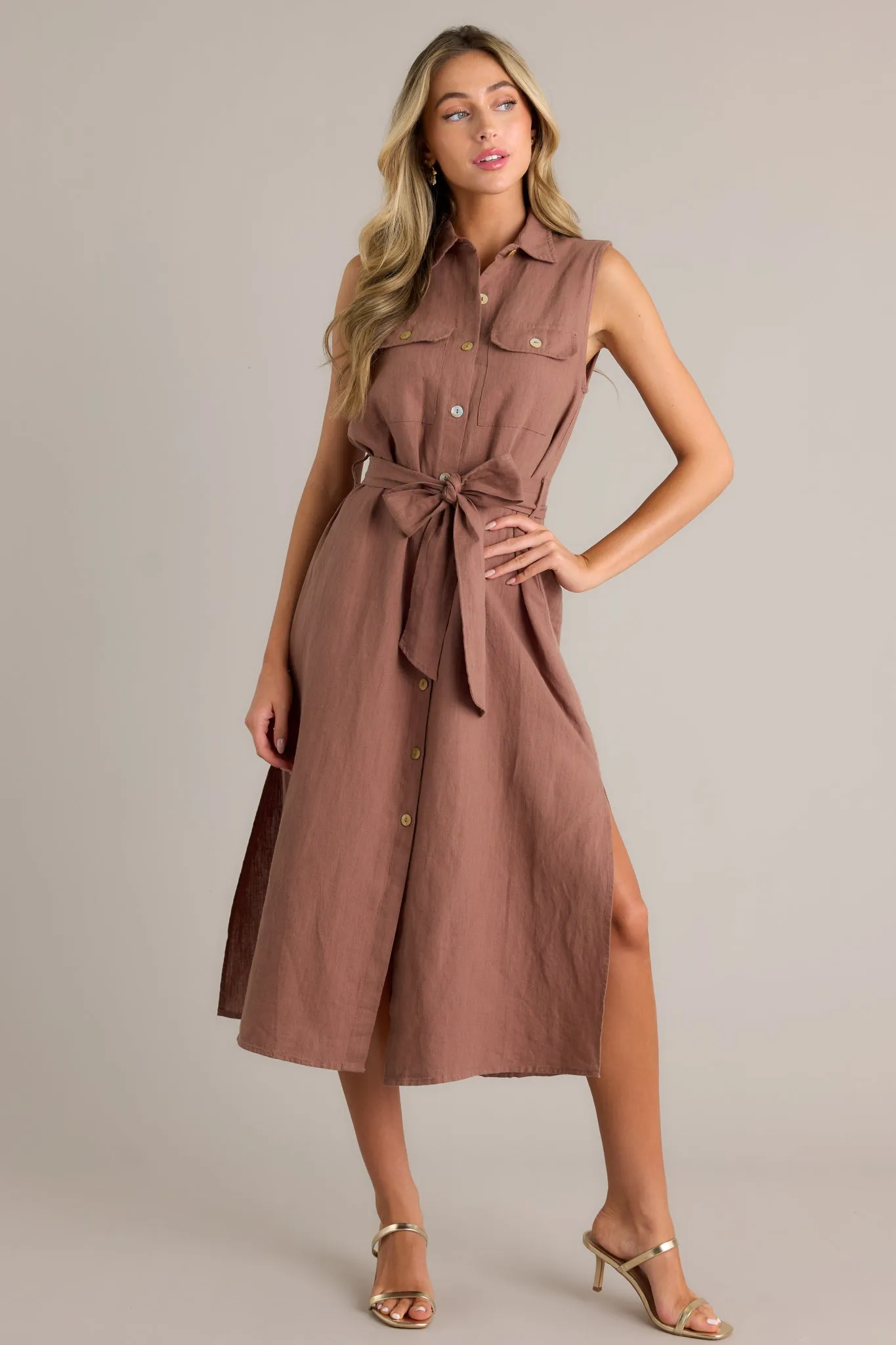 Timeless Grace Brown Tie-Front Midi Dress