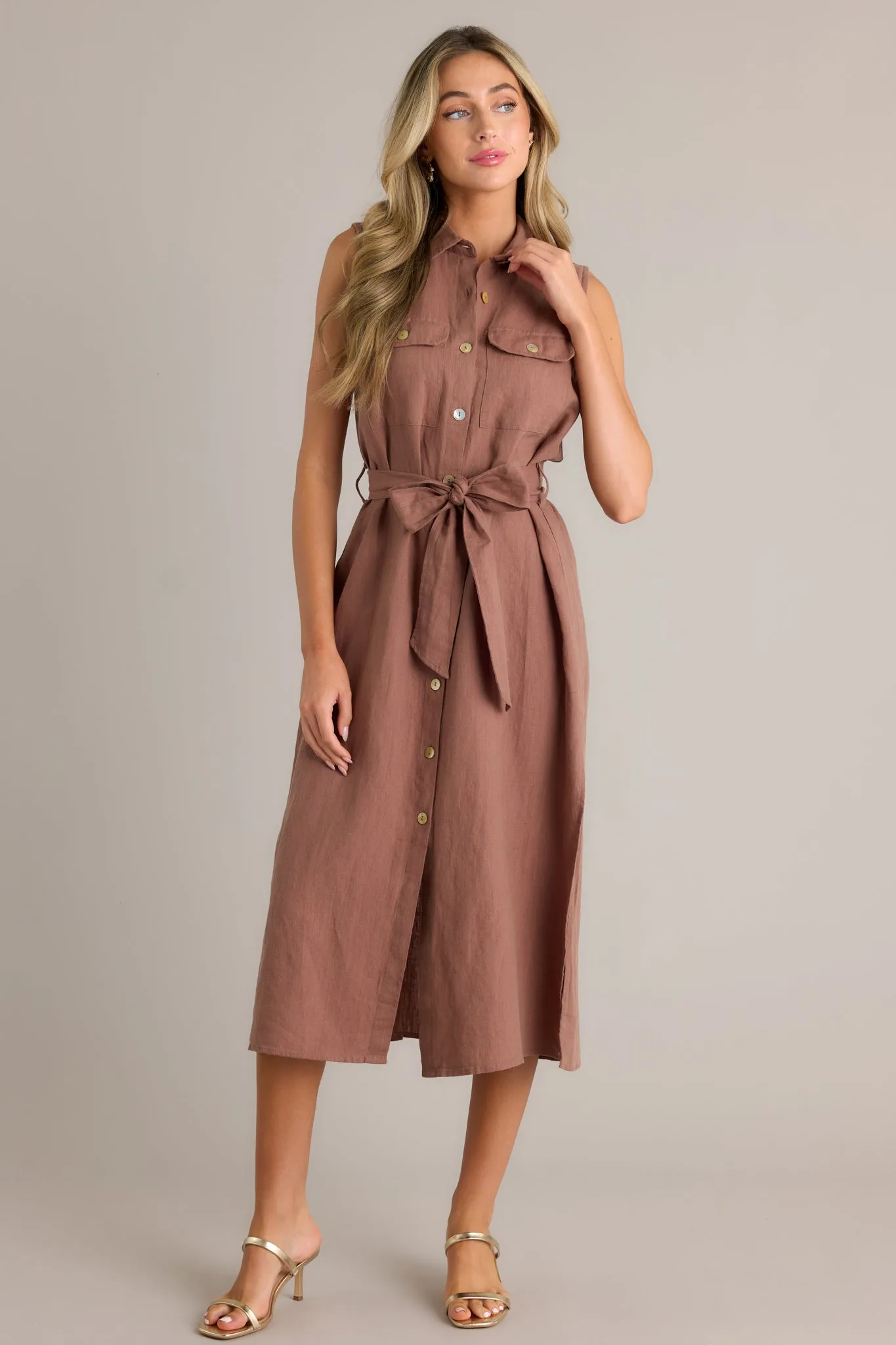 Timeless Grace Brown Tie-Front Midi Dress