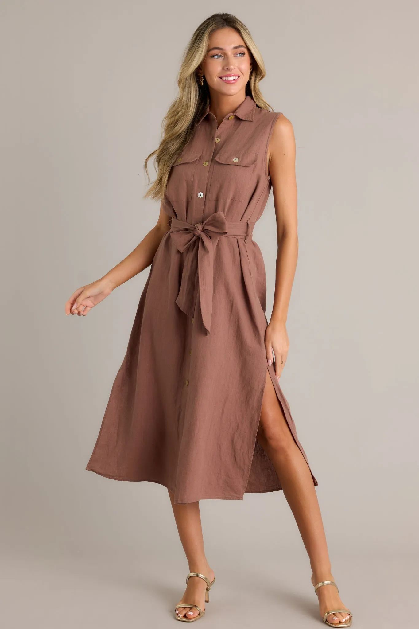 Timeless Grace Brown Tie-Front Midi Dress