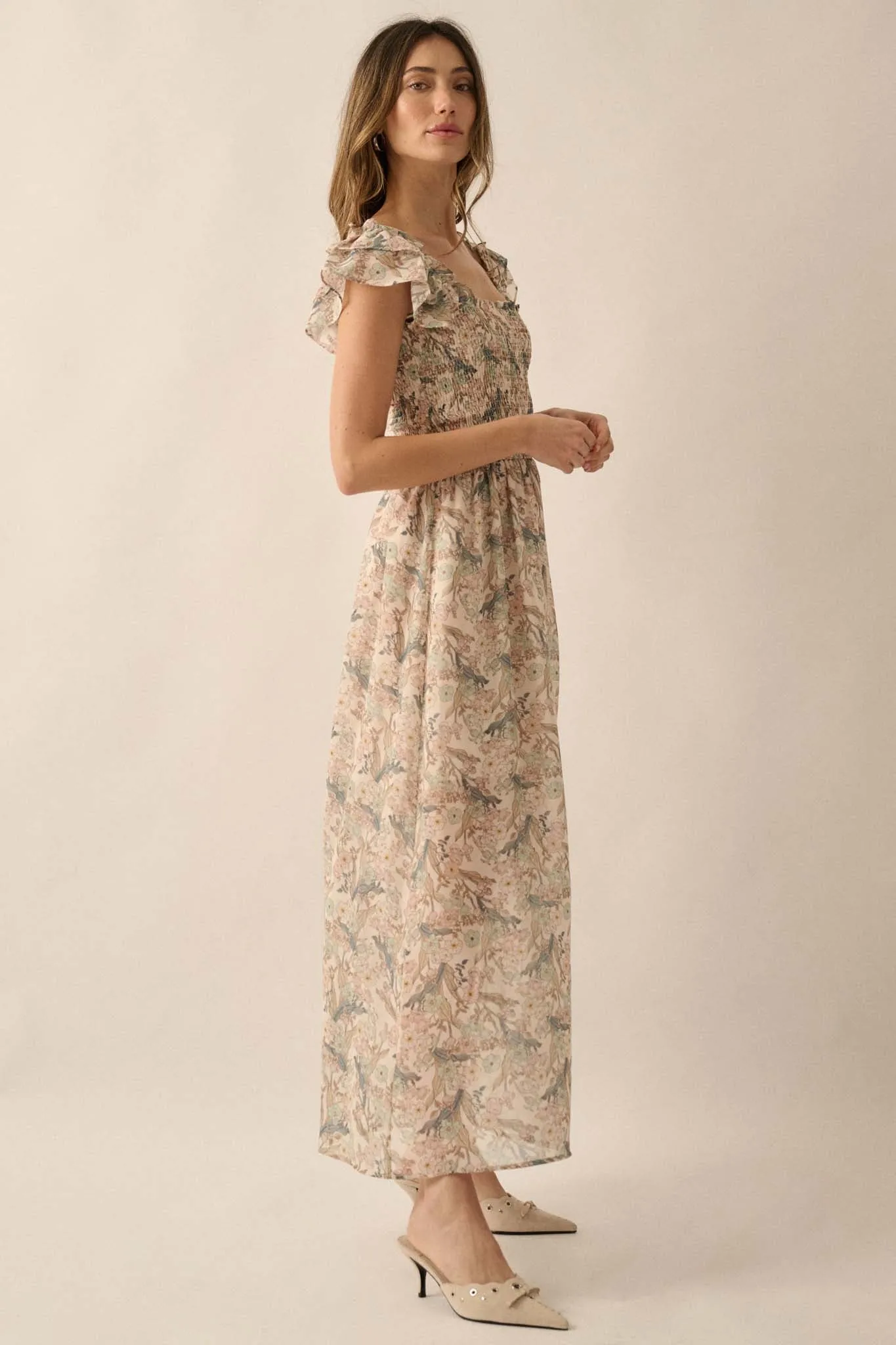 Timeless Grace Smocked Floral Chiffon Maxi Dress