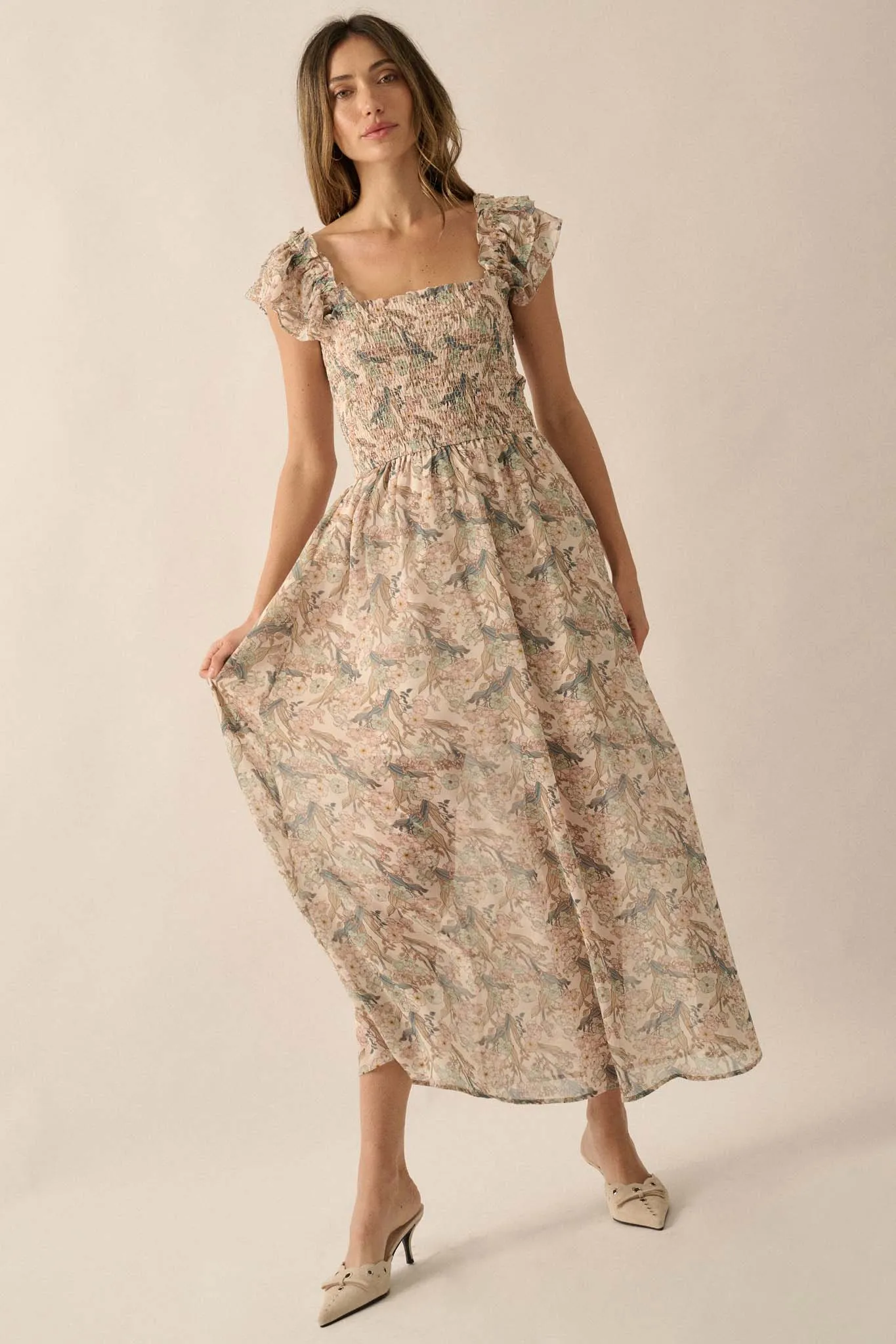 Timeless Grace Smocked Floral Chiffon Maxi Dress