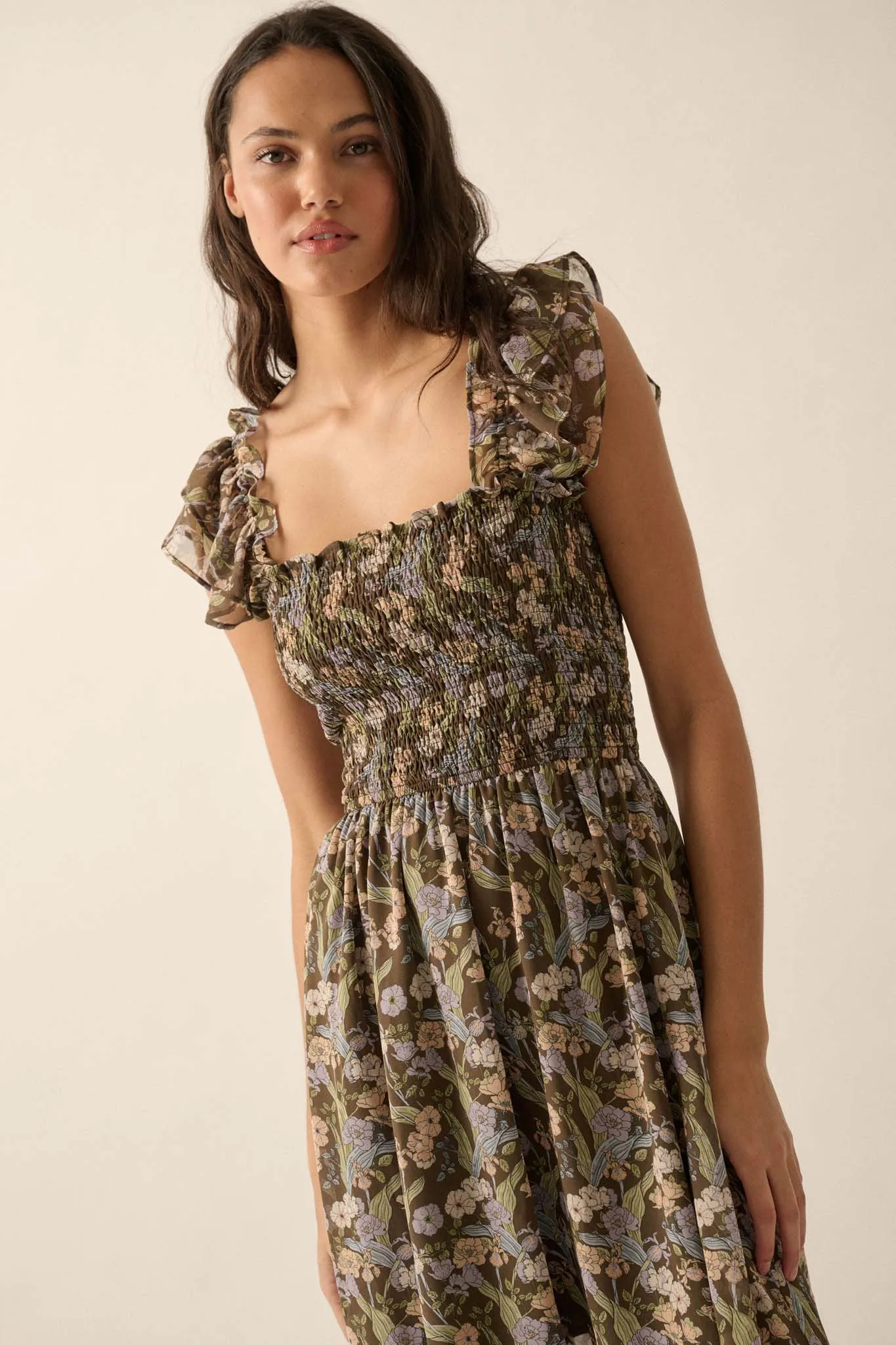 Timeless Grace Smocked Floral Chiffon Maxi Dress