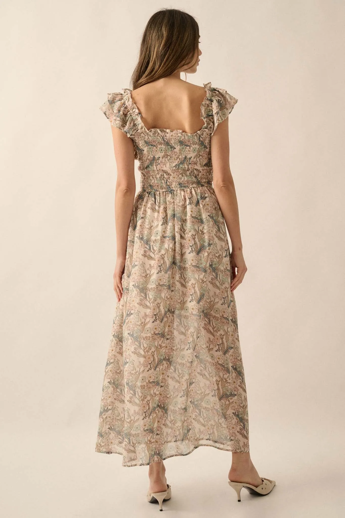 Timeless Grace Smocked Floral Chiffon Maxi Dress