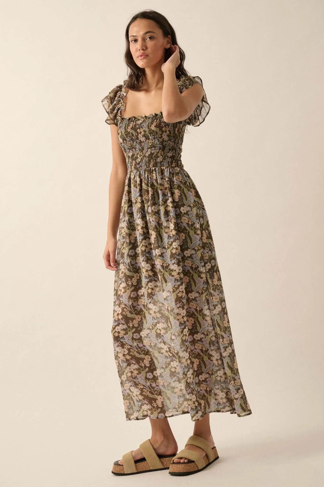 Timeless Grace Smocked Floral Chiffon Maxi Dress