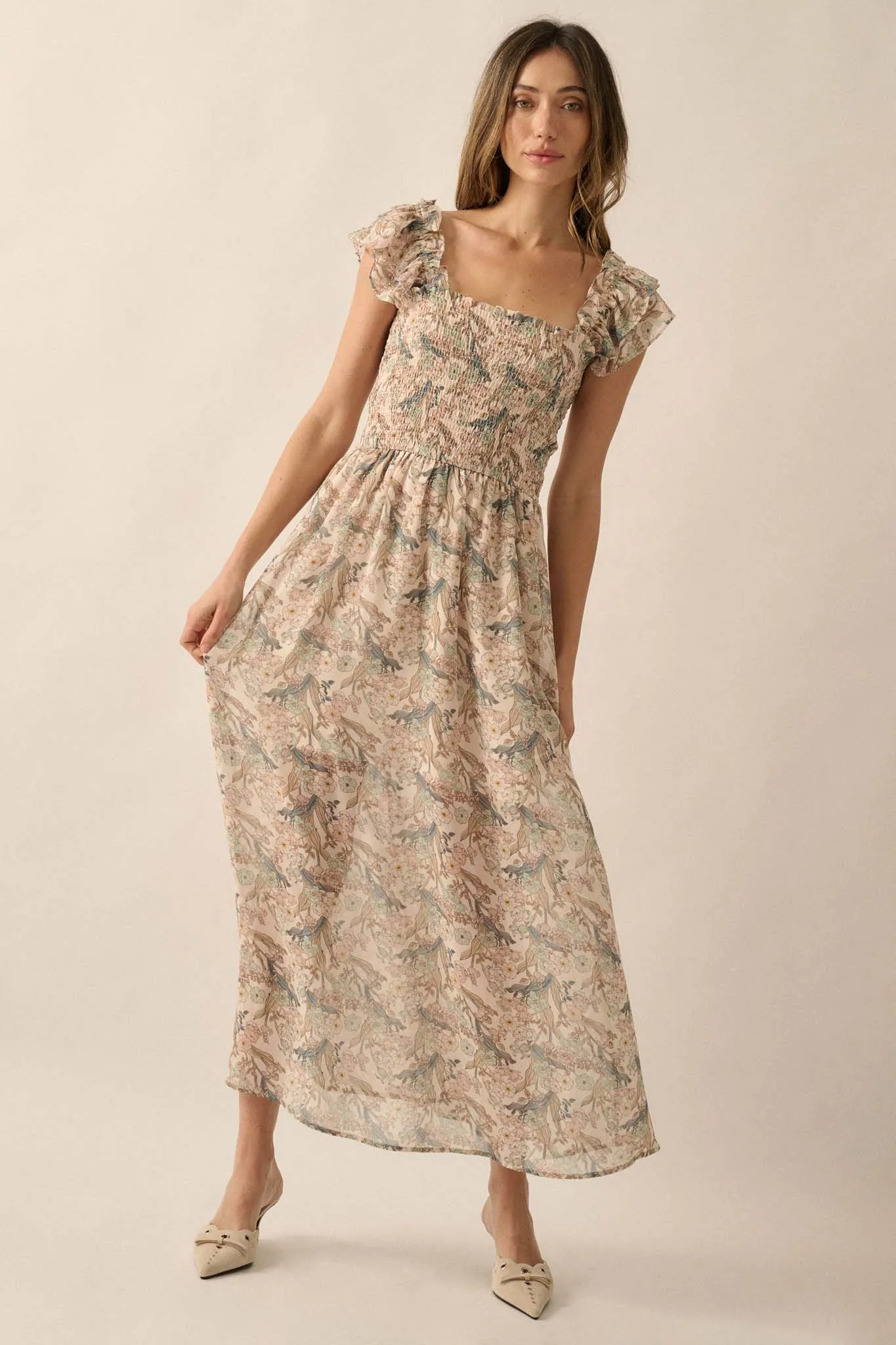 Timeless Grace Smocked Floral Chiffon Maxi Dress