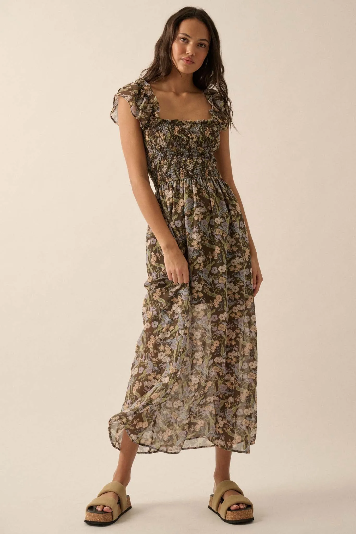 Timeless Grace Smocked Floral Chiffon Maxi Dress