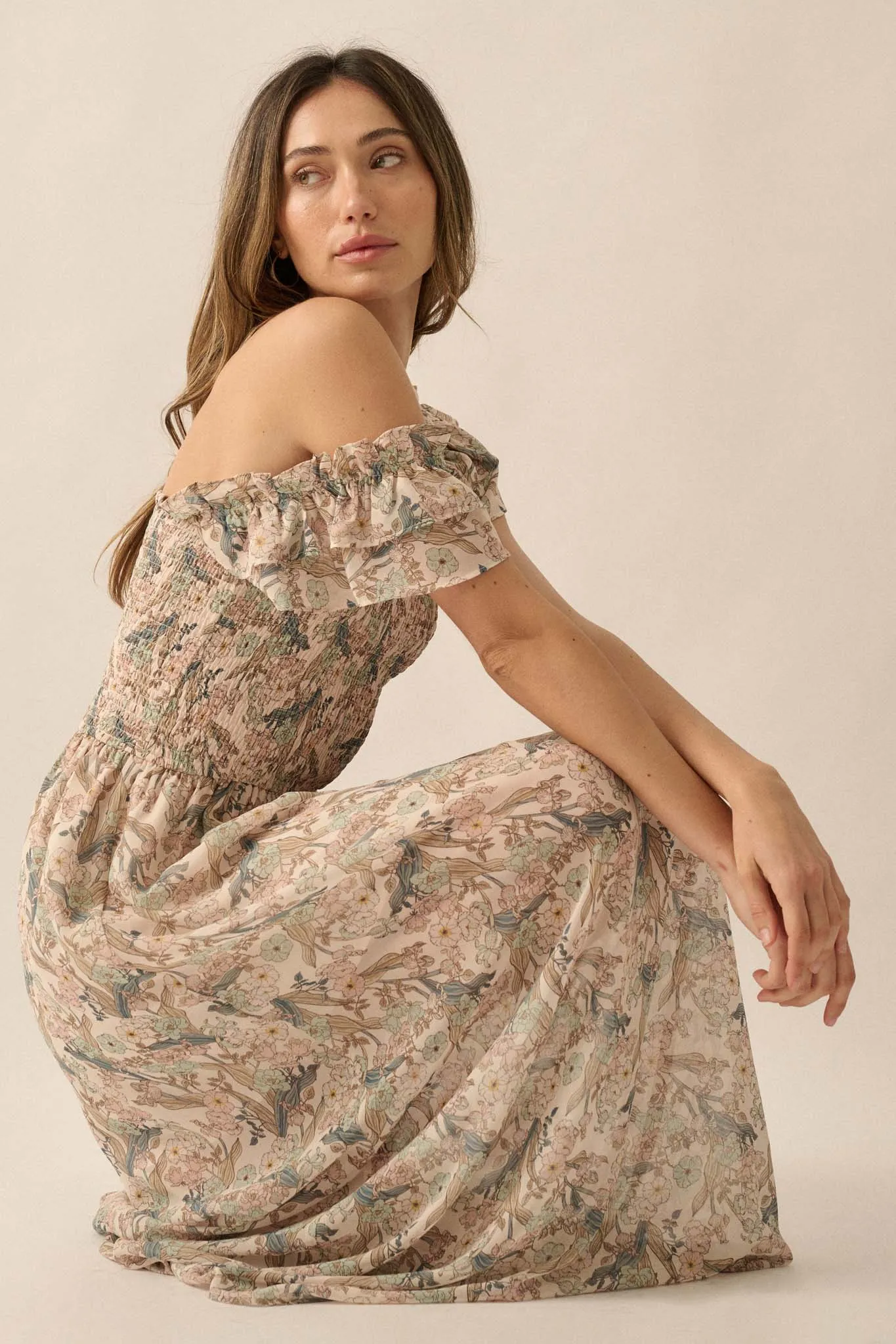 Timeless Grace Smocked Floral Chiffon Maxi Dress