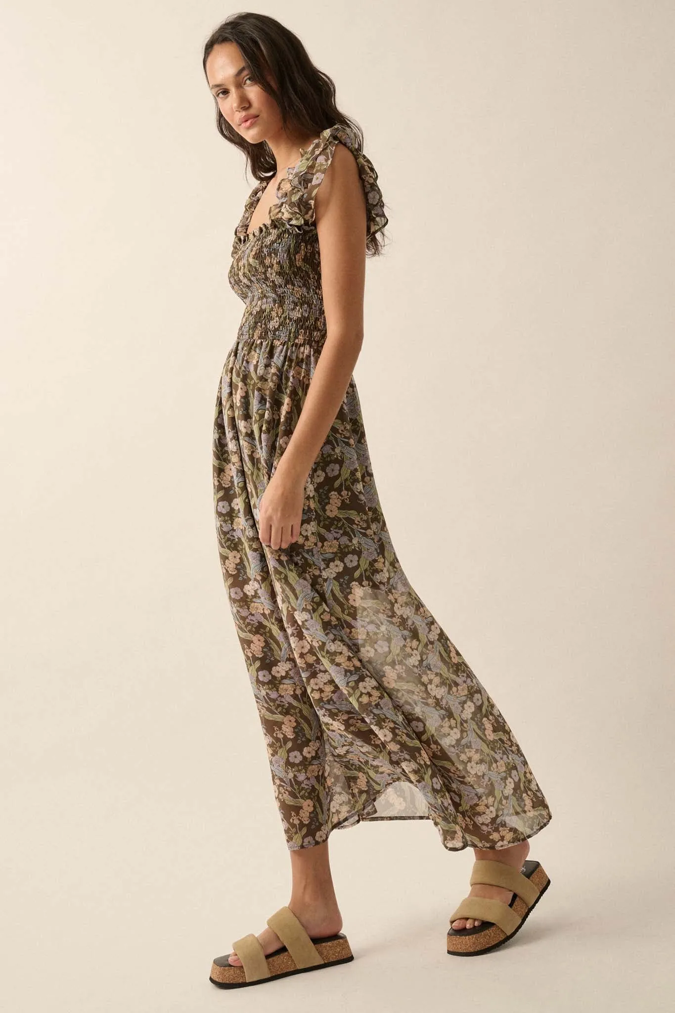 Timeless Grace Smocked Floral Chiffon Maxi Dress