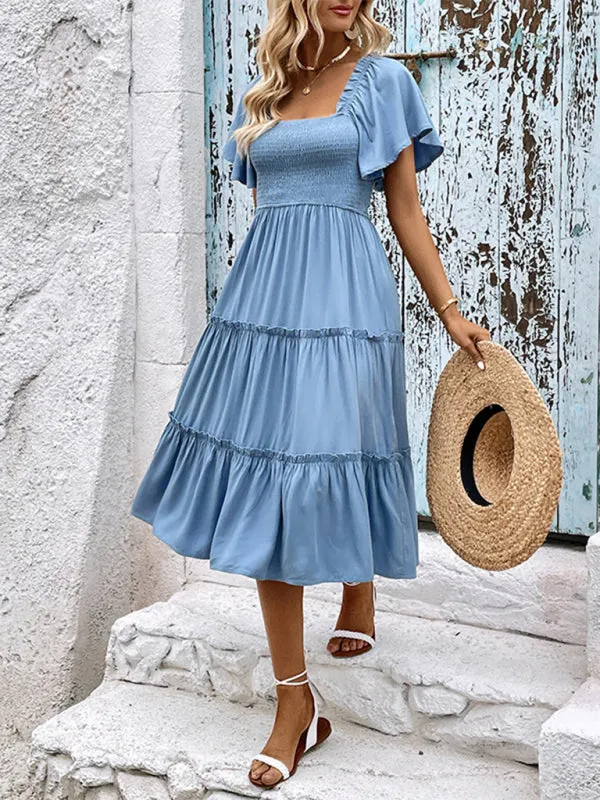 Timeless Romance: Women's Flared Tiered Square Neck Midi Dress