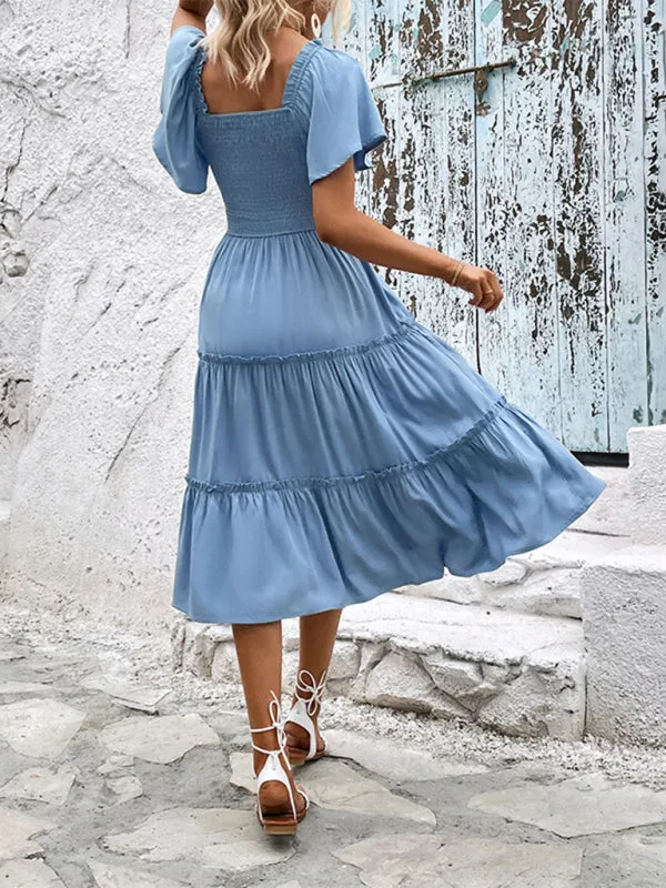 Timeless Romance: Women's Flared Tiered Square Neck Midi Dress