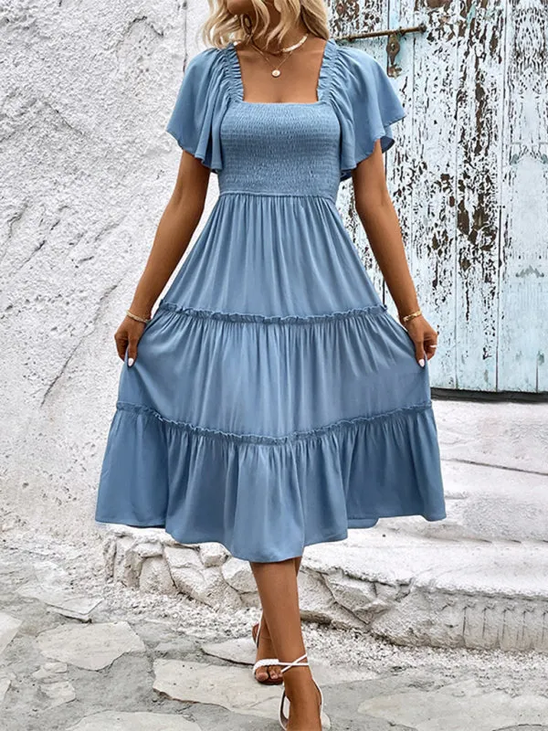 Timeless Romance: Women's Flared Tiered Square Neck Midi Dress