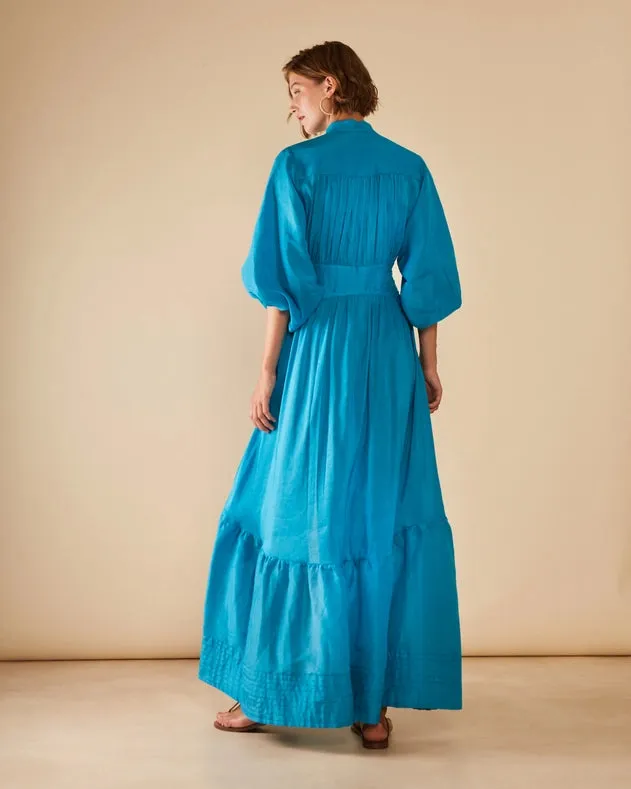 Timeless Silk-Linen Chiffon Buttoned Maxi Dress Shore Blue