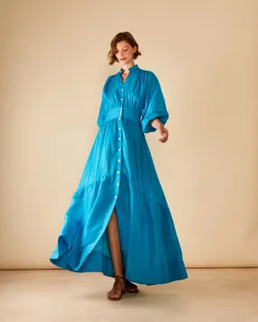 Timeless Silk-Linen Chiffon Buttoned Maxi Dress Shore Blue