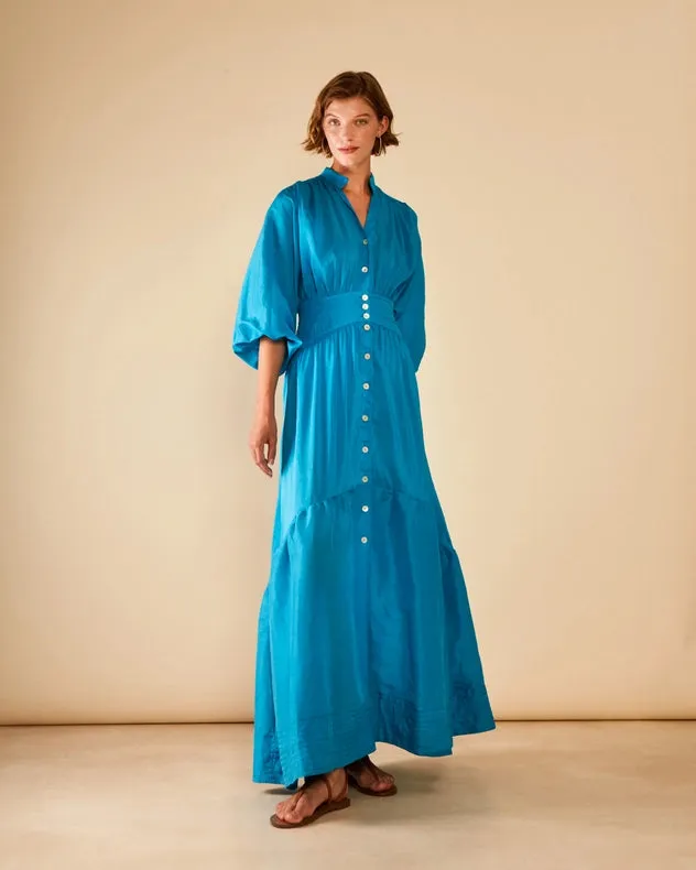 Timeless Silk-Linen Chiffon Buttoned Maxi Dress Shore Blue