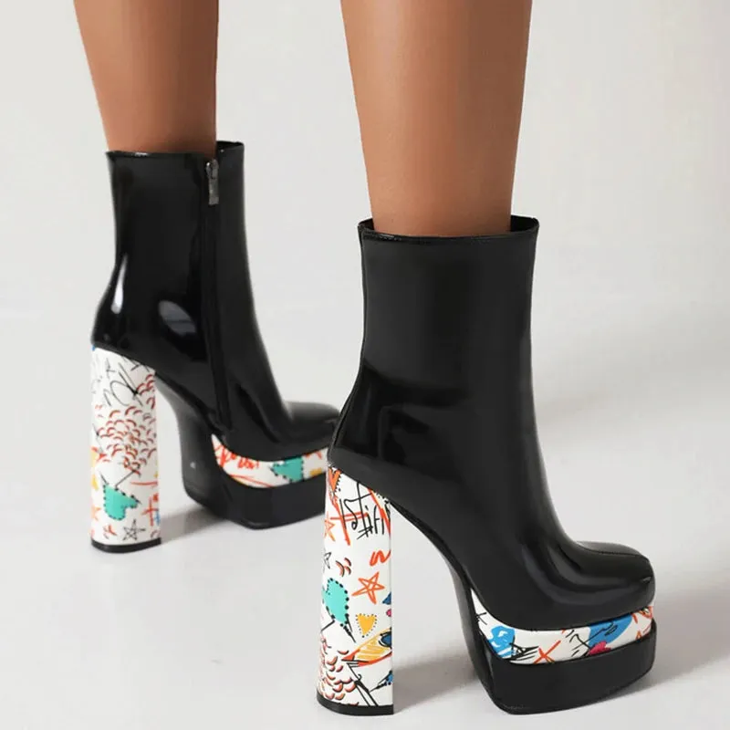 Trend4us Women's Stylish Platform Graffiti Heel Ankle Boots