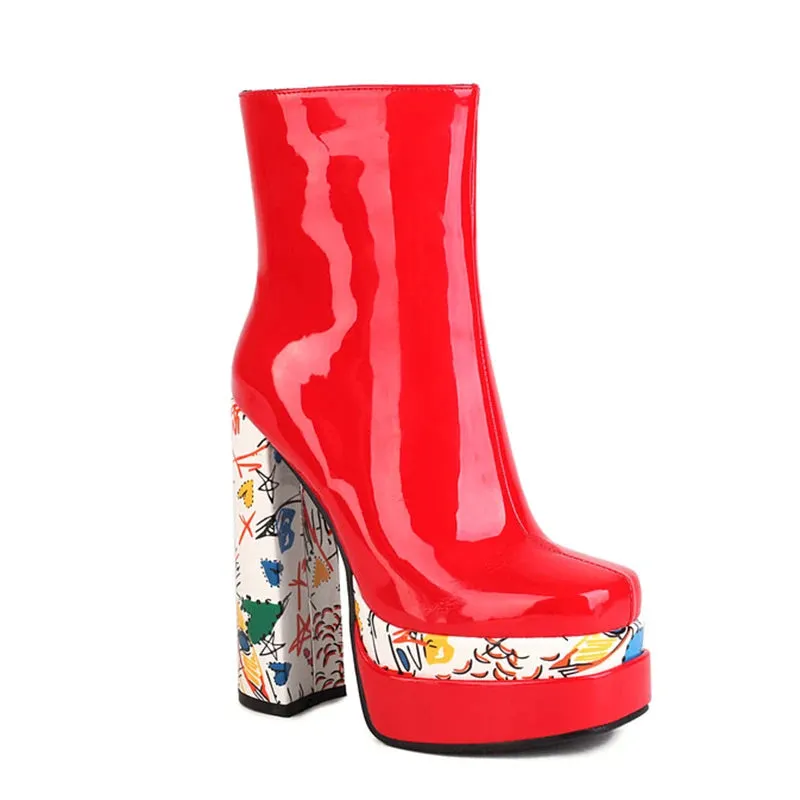 Trend4us Women's Stylish Platform Graffiti Heel Ankle Boots