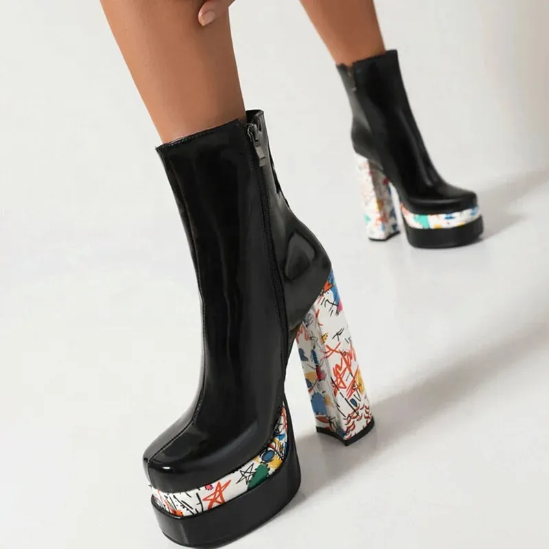 Trend4us Women's Stylish Platform Graffiti Heel Ankle Boots