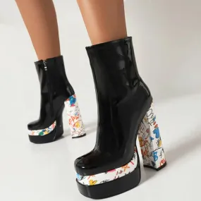 Trend4us Women's Stylish Platform Graffiti Heel Ankle Boots