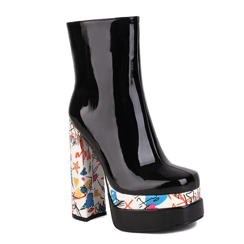 Trend4us Women's Stylish Platform Graffiti Heel Ankle Boots